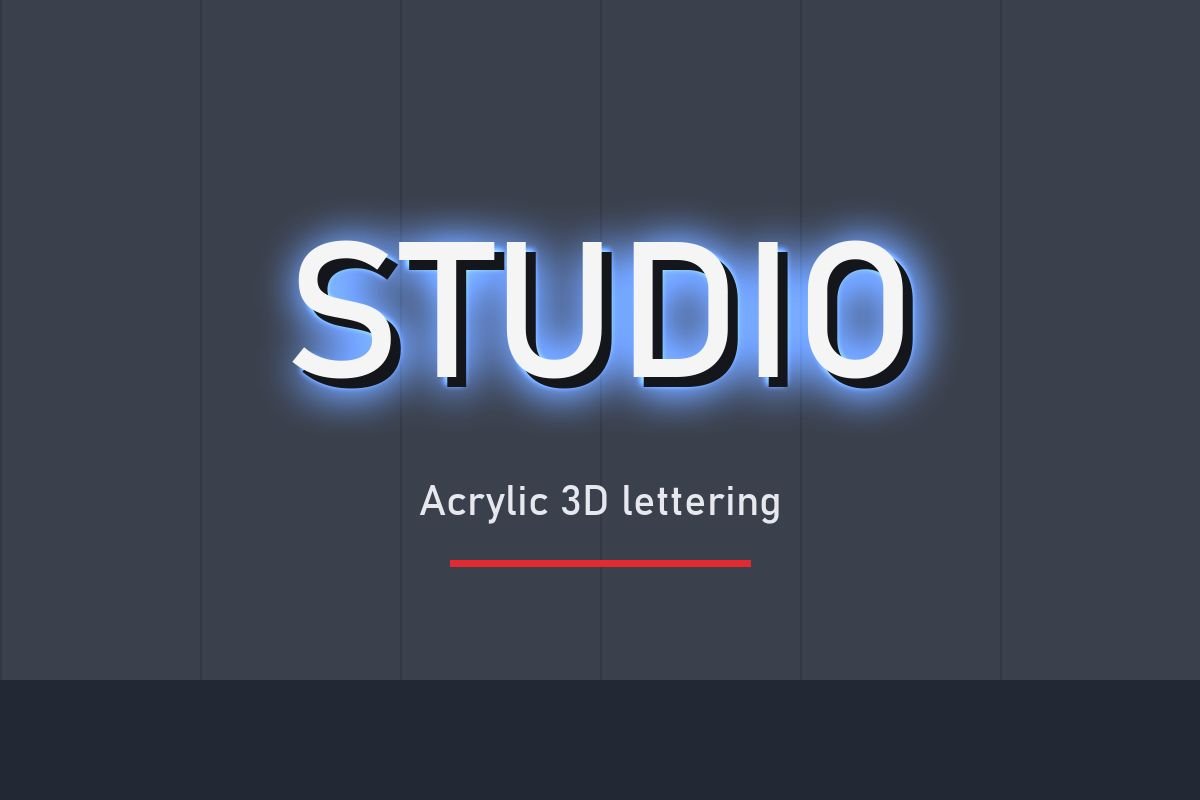 Three-dimensional acrylic letters mounted on a wall with a soft blue halo glow