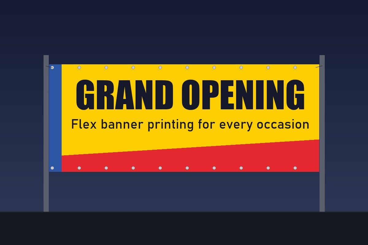 Large printed flex banner stretched between two poles announcing a grand opening