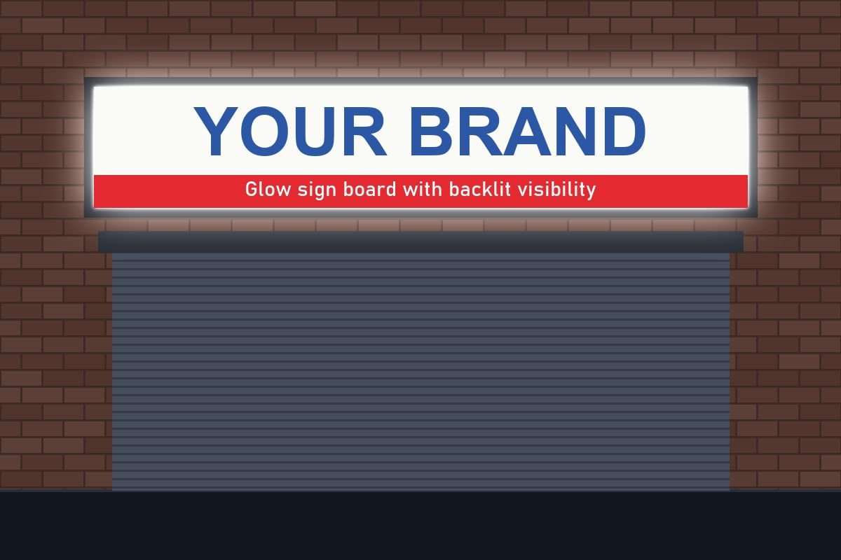 Illuminated glow sign board above a shop shutter with a bright backlit face
