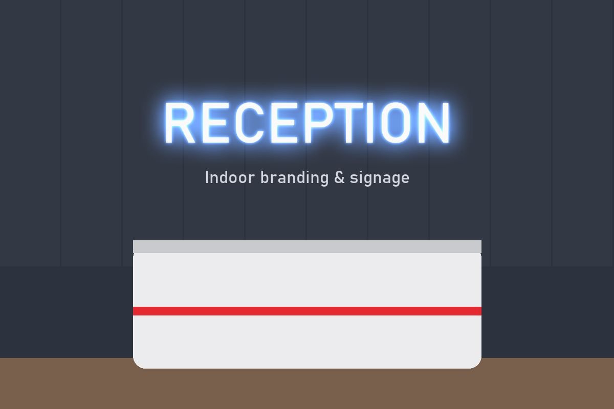 Reception area with an illuminated Reception sign on the wall behind a white desk
