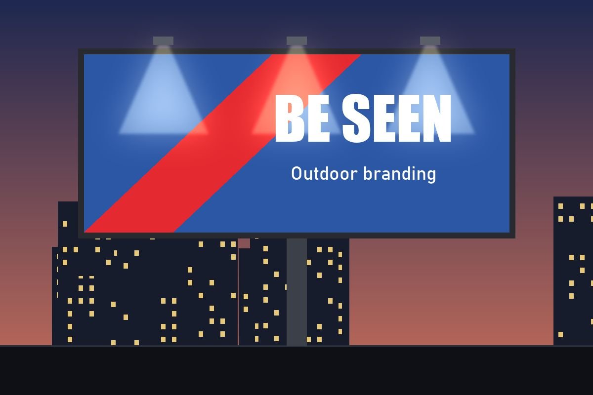 Illuminated outdoor billboard with bold Be Seen branding at dusk