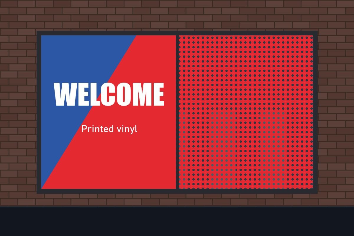 Shop window with printed vinyl graphic reading Welcome in brand colours