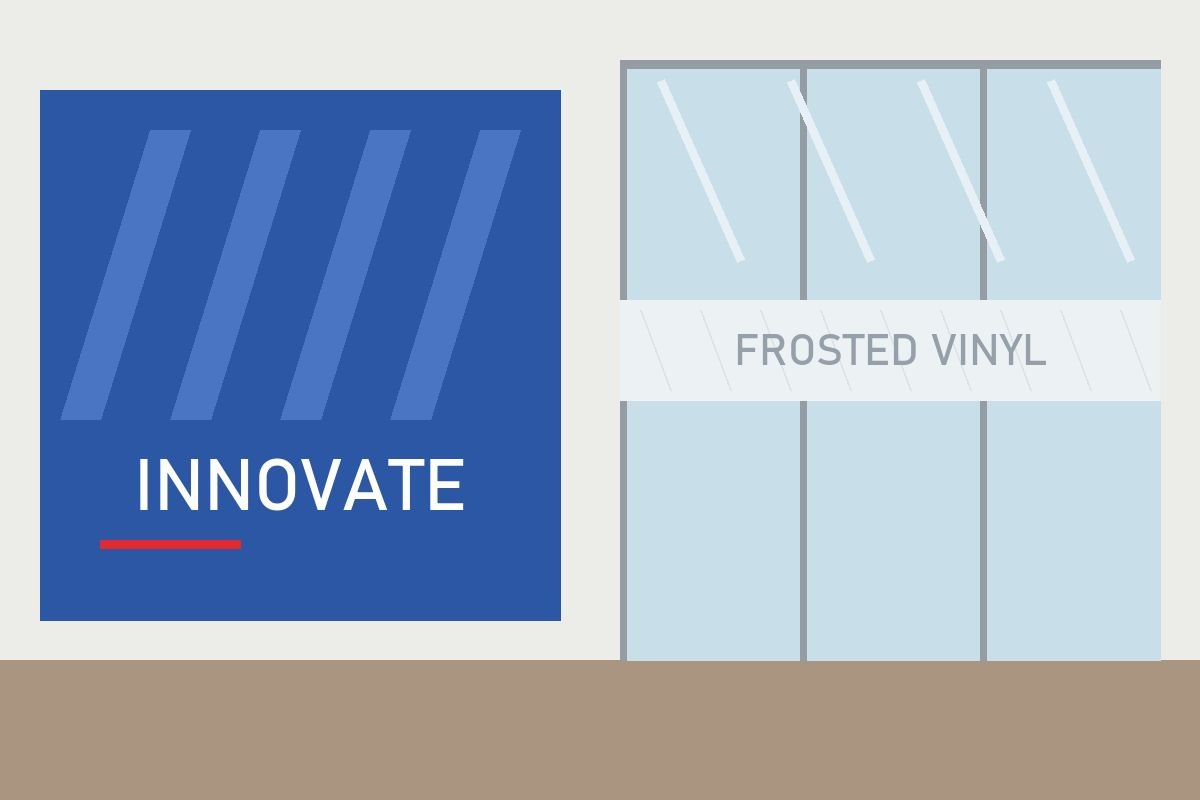 Office interior with a branded blue wall graphic and a frosted vinyl band on glass partitions